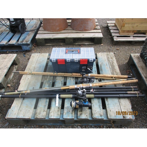 102 - Various fishing rods, reels, a tackle box and tackle