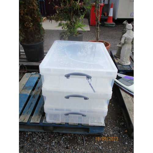 104 - Three lidded stacking plastic storage crates