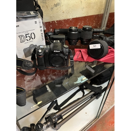 363 - A Nikon D50 digital camera together with various lens, tripods and associated items