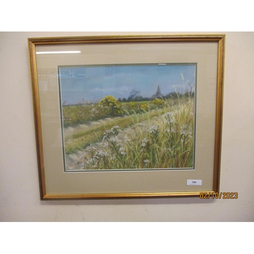 380 - J. Mitchell - Farm track and flora with church to background - pastel