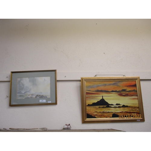 227 - Two studies of Corbiere lighthouse, one water colour the other oil