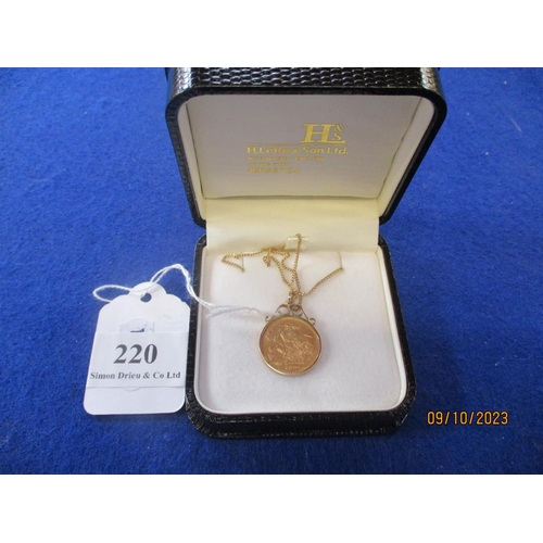 220 - A half gold sovereign dated 1895 now mounted as a pendant and suspended from a chain