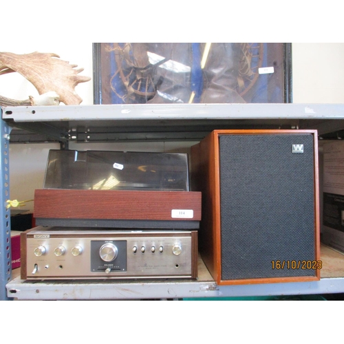 114 - A BCR MacDonald record turntable, a Sony integrated amplifier and a pair of Wharfedale audio speaker... 