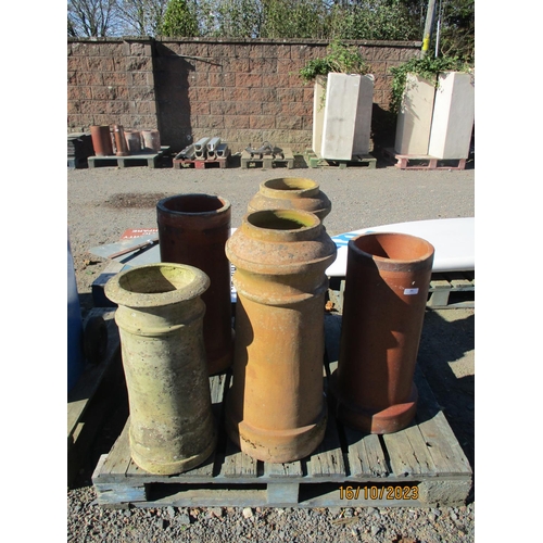 59 - Three vintage terracotta chimney pots together with two vintage clay drain pipes