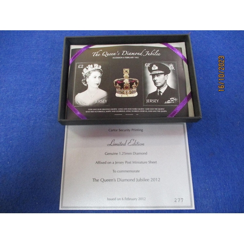 147 - A limited edition The Queen's Diamond Jubilee 2012 1.25mm diamond affixed on a Jersey Post miniature... 