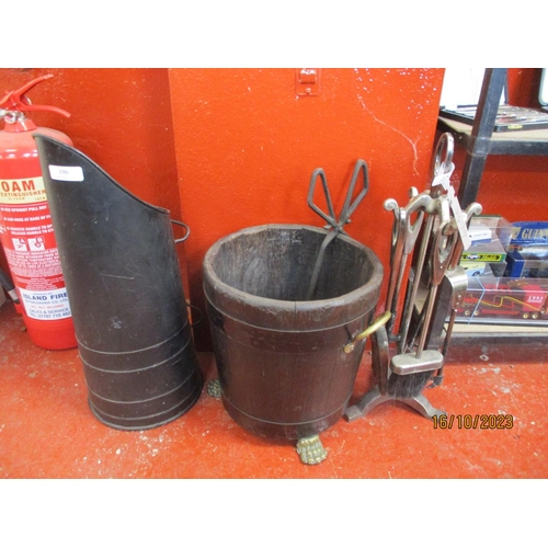 190 - A metal bound wooden coal bucket, a coal scuttle and a companion set