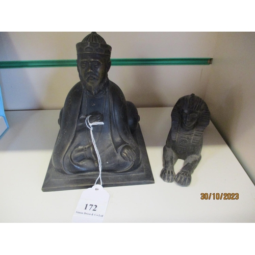 172 - A vintage oriental bronze model of a seated god together with a vintage spelter model of an Egyptian... 