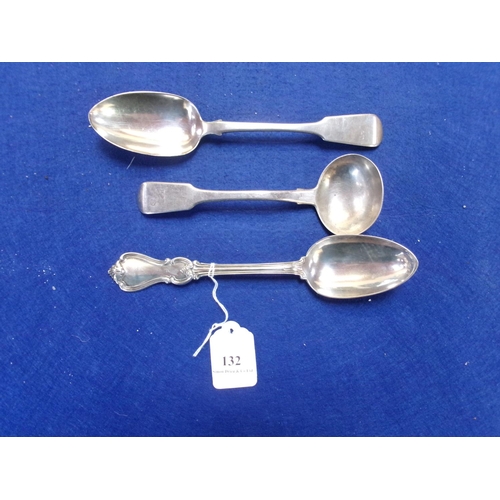 132 - A silver fiddle pattern serving spoon together with one other silver serving spoon and a silver ladl... 