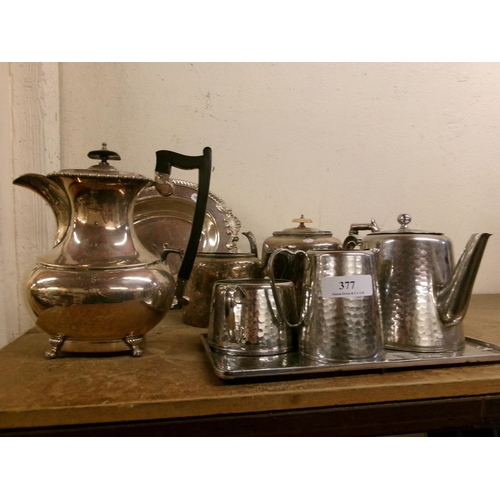 377 - A New Hall hammered stainless steel coffee set together with silver plated ware