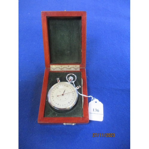 136 - A vintage chrome cased stop watch in mahogany box