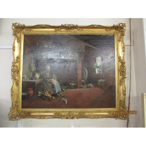 29 - F Dupre, French, a large gilt framed oil of a kitchen scene