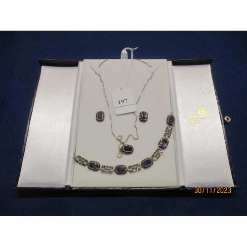 197 - A Marcasite and Amethyst necklace, bracelet and earring set