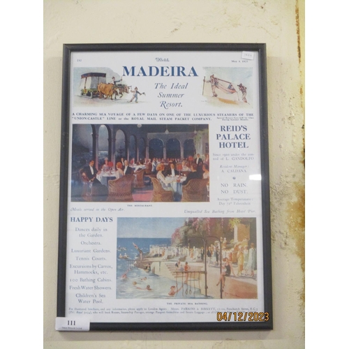 111 - A framed advertising brochure pertaining to Reid's Palace Hotel in Madeira