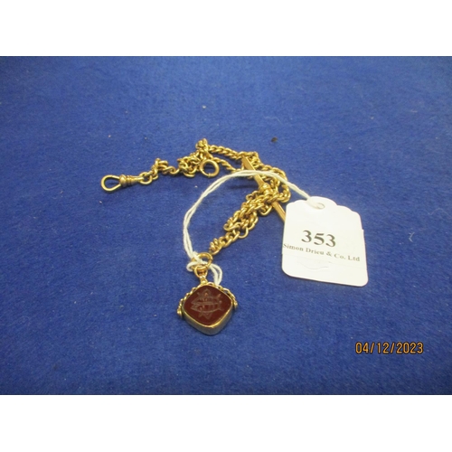 353 - A 9 carat gold bloodstone and carnelian swivel fob on antique fob chain