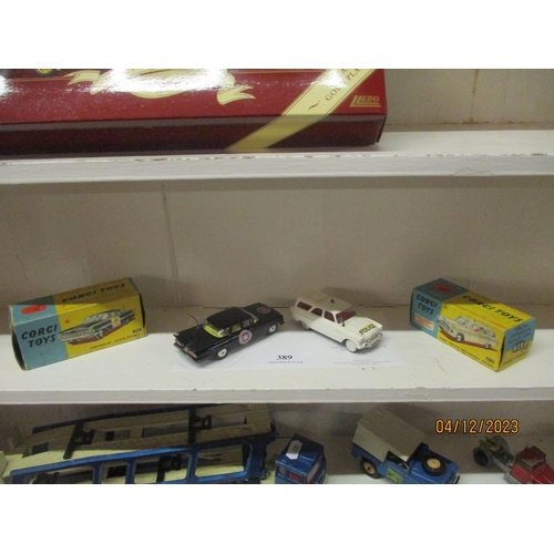 389 - Two boxed mid century Corgi diecast model vehicles, a Ford Zephyr police car no. 419 together with a... 