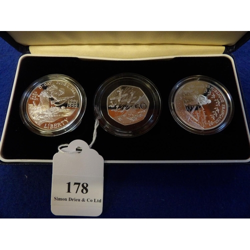 178 - A 1974 three coin silver proof collection commemorating the 50th Anniversary of the Allied Invasion ... 