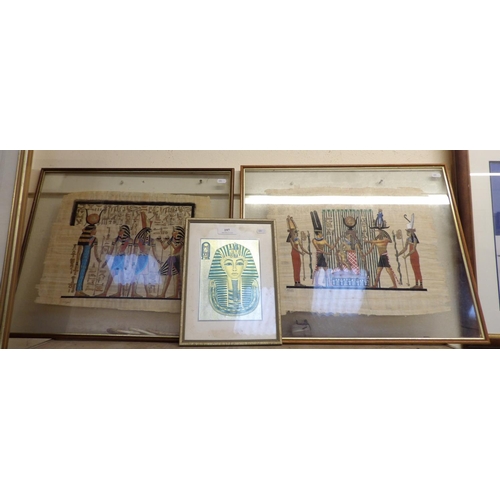 197 - Two Egyptian papyrus pictures together with a print of Tutankhamun's death mask