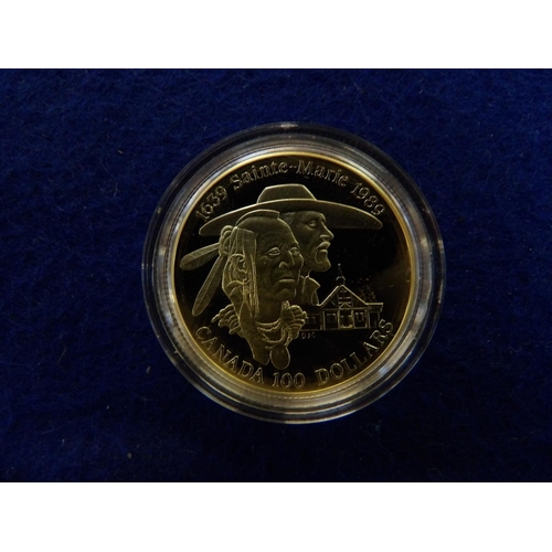 200 - A Royal Canadian Mint Canada $100 gold coin inscribed 1639 Sainte Marie 1989 with certification