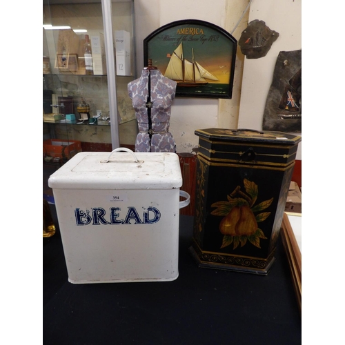 354 - A vintage enamel bread bin together with a two bottle wine box