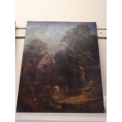 461 - A landscape with cottage, cattle and figure, oil on canvas