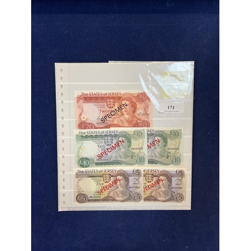 171 - Five The States of Jersey specimen bank notes signed May and bearing different prefixes