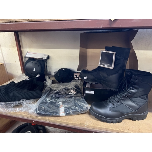 257 - A pair of Mil-Tec Security Boots (size 10) together with a pair of cargo trousers, a Forrester jumpe... 