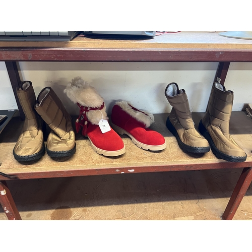 72 - Two pairs of bronze coloured boots (size 40) (new) together with a pair of red suede and faux fur bo... 