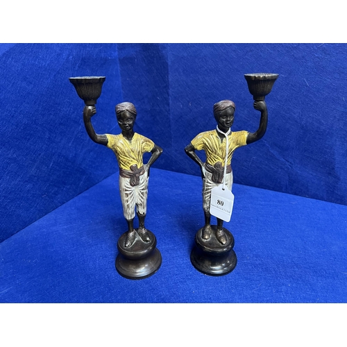 80 - A pair bronze figural candle stick holders