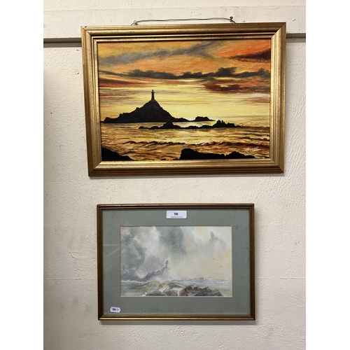 98 - An oil on board depicting Corbiere Lighthouse together with a watercolour of Corbiere Lighthouse