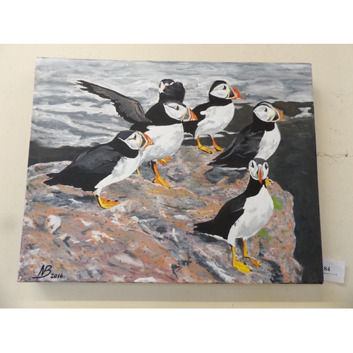 84 - A study of puffins on a rock, oil on canvas, monogrammed NB