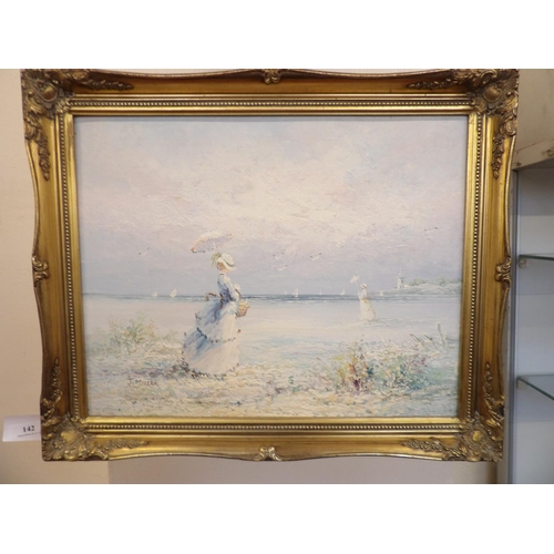 142 - A gilt framed oil depicting woman at the seaside
signed J.Miller