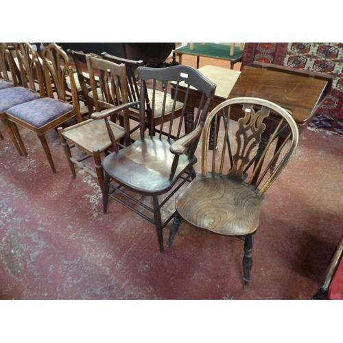 191 - A vintage spindle back open armchair together with two provincial chairs