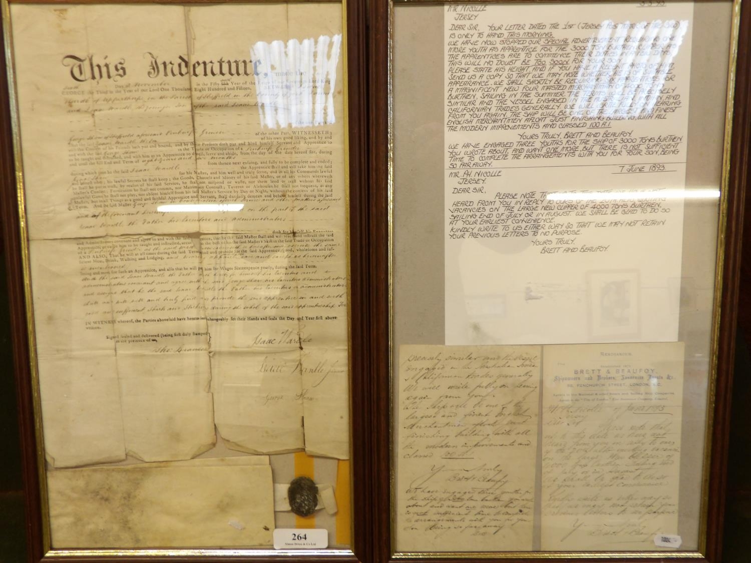 A framed antique parchment pertaining to the employment of a Mr. Nicolle's son as a merchant seaman