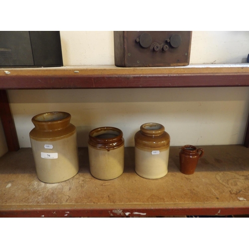 76 - Three salt glazed stone ware jars together with a similar milk jug