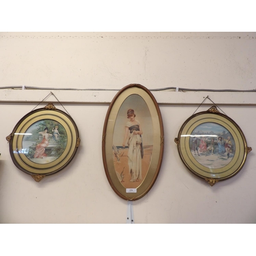 279 - A pair of circular gilt framed figural pictures together with an oval figural picture