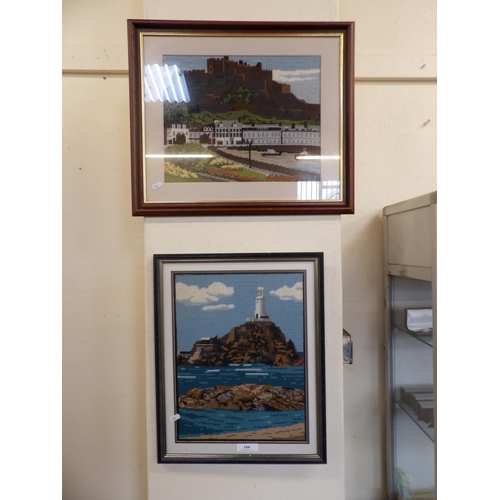 166 - Two tapestry pictures, Mont Orgeuil Castle and Corbiere Lighthouse