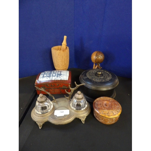 200 - Two oriental papier mache boxes, a desk stand, a mortar and pestle etc.