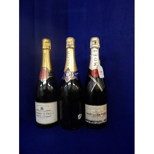 189 - A bottle of Moet & Chandon Champagne, a bottle of Aubert et Fils Champagne and a bottle of Pommery C... 