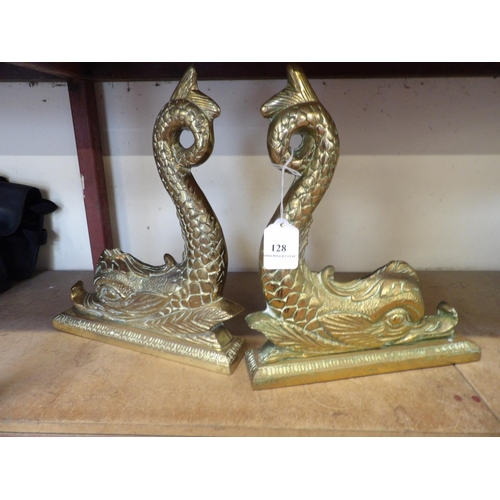 128 - A pair of ornate brass stops modelled in the form of Koi Carp