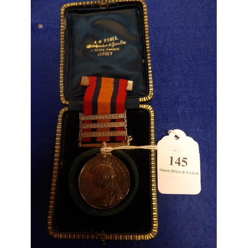 145 - A Queen's South Africa medal with three bars
Inscribed:3284 PTE E.Putland Yorkshire Regt