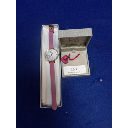 151 - A Lalique glass pink heart pendant together with a Danielle Klein wrist watch