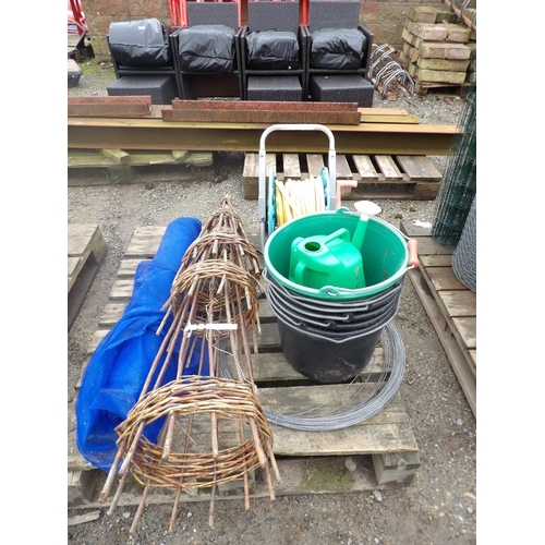 18 - Three willow plant climbing frames, various buckets, fencing, a hose and reel etc.