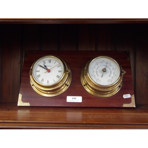 199 - A brass cased clock and barometer set mounted upon mahogany