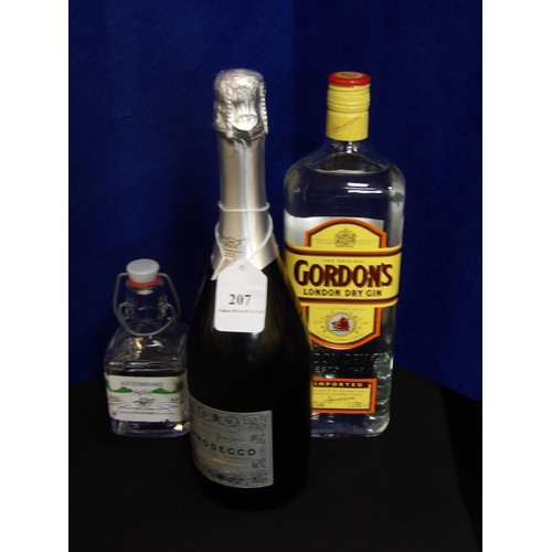 207 - A 1L bottle of Gordon's London Dry Gin, a bottle of Prosecco and a bottle of Apfel