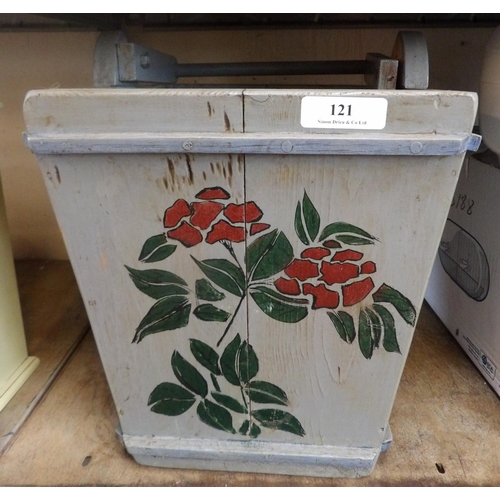 121 - A wooden square tapered pail with hand painted decoration