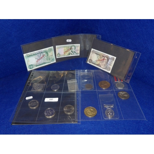 183 - Three vintage States of Jersey bank notes, various coins and medals