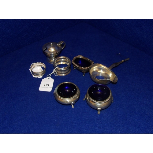 191 - A selection of silver salts, a mustard pot, napkin rings etc.