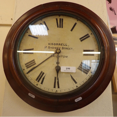 199 - A vintage mahogany wall clock inscribed H. Sorrell 1A Sydney Street, Brighton