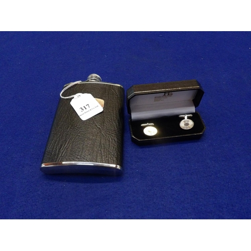 317 - A leather clad hip flask of large proportion together with a pair of cufflinks