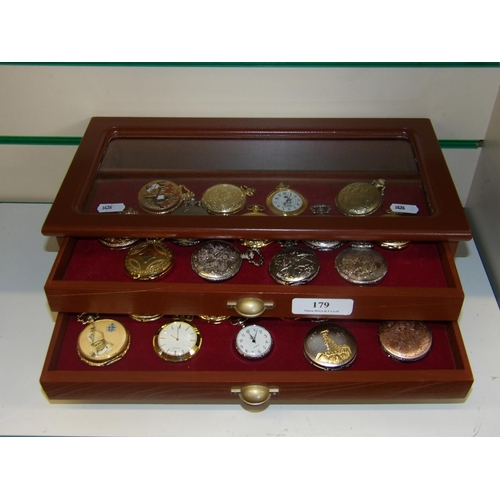 179 - A large and varied collection of fob watches contained within a part glazed three drawer display che... 